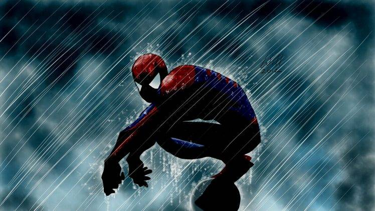 Spider-Man Crouching in Rain Wallpaper
